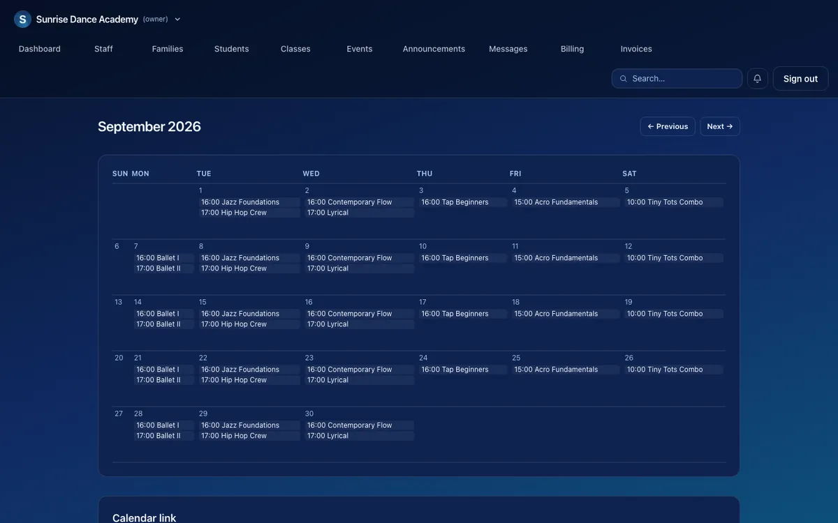 StudioSync's calendar showing a real month of classes for a dance studio