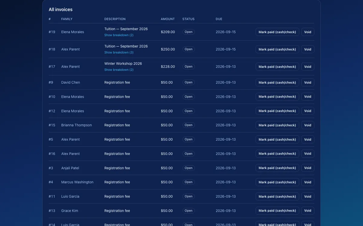 Tuition billing in StudioSync